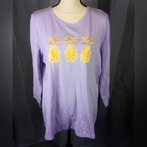 Kim Rogers purple top with three pineapples, size XL